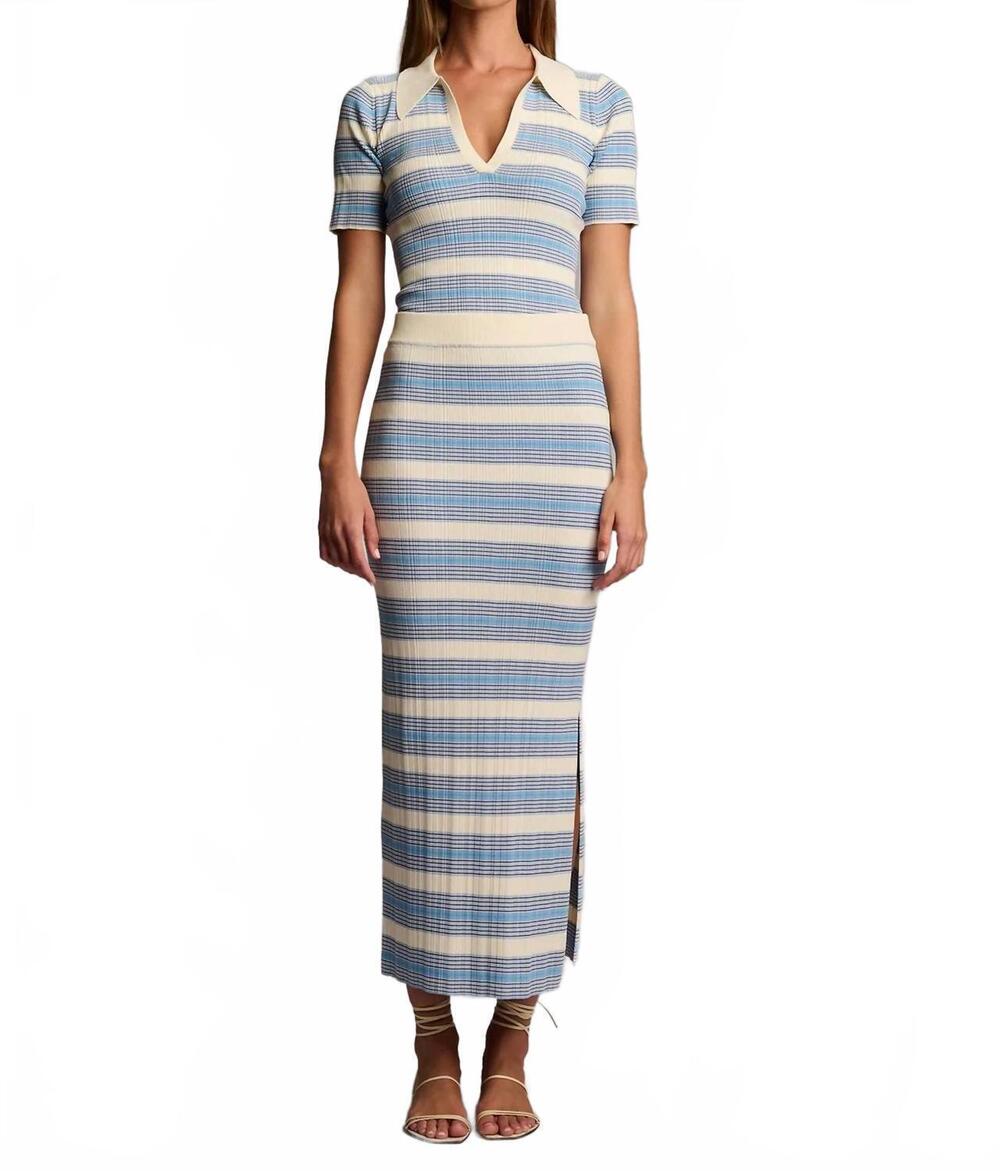NEW HEVRON peony soft viscose knit midi skirt in blue stripe